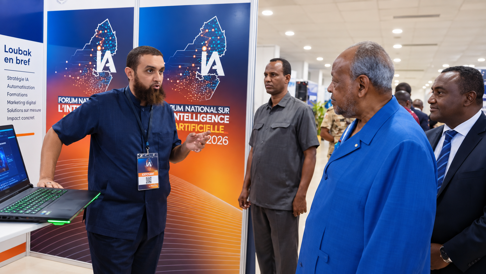 Francis Loubak Fequet présentant le stand du Cabinet Loubak Innovations à Son Excellence Monsieur Ismaïl Omar Guelleh